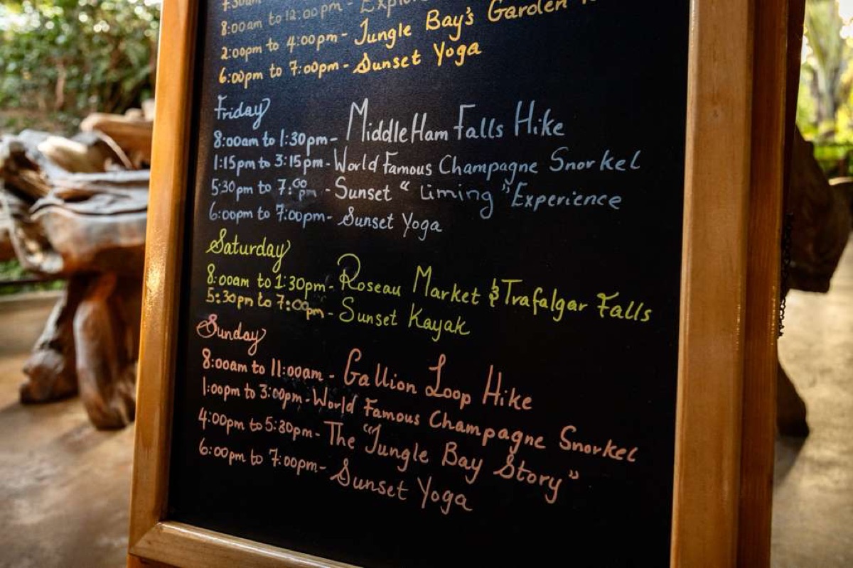 The week's activities, written up on the board at Jungle Bay